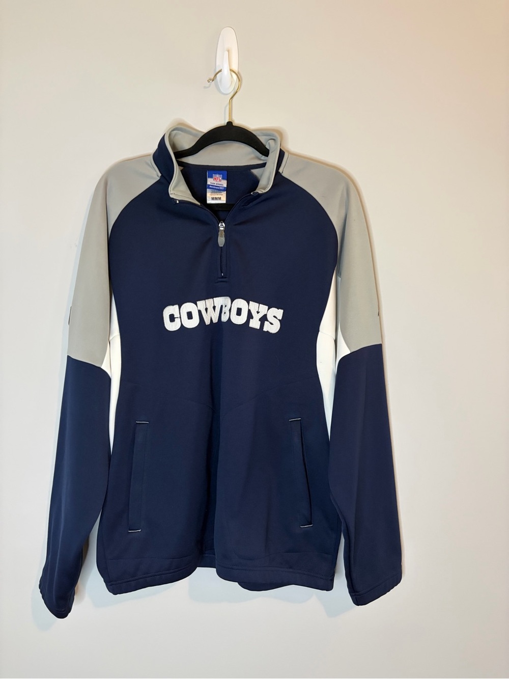 NFL Reebok Navy, Gray and White Cowboys Quarter-Zip Pullover with Pockets Size M